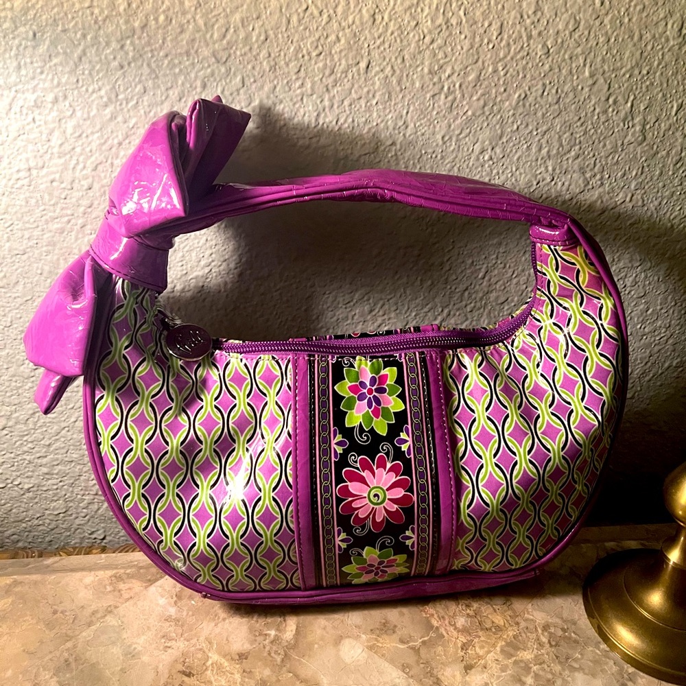 Vera Bradley FRILL Purple Green Floral Coated Vinyl  Bow Handle Hobo Handbag